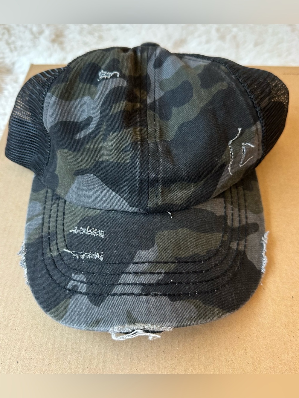 C.C Black Gray Camo Distressed Ponytail Trucker Hat Adjustable Mesh Cap Women’s